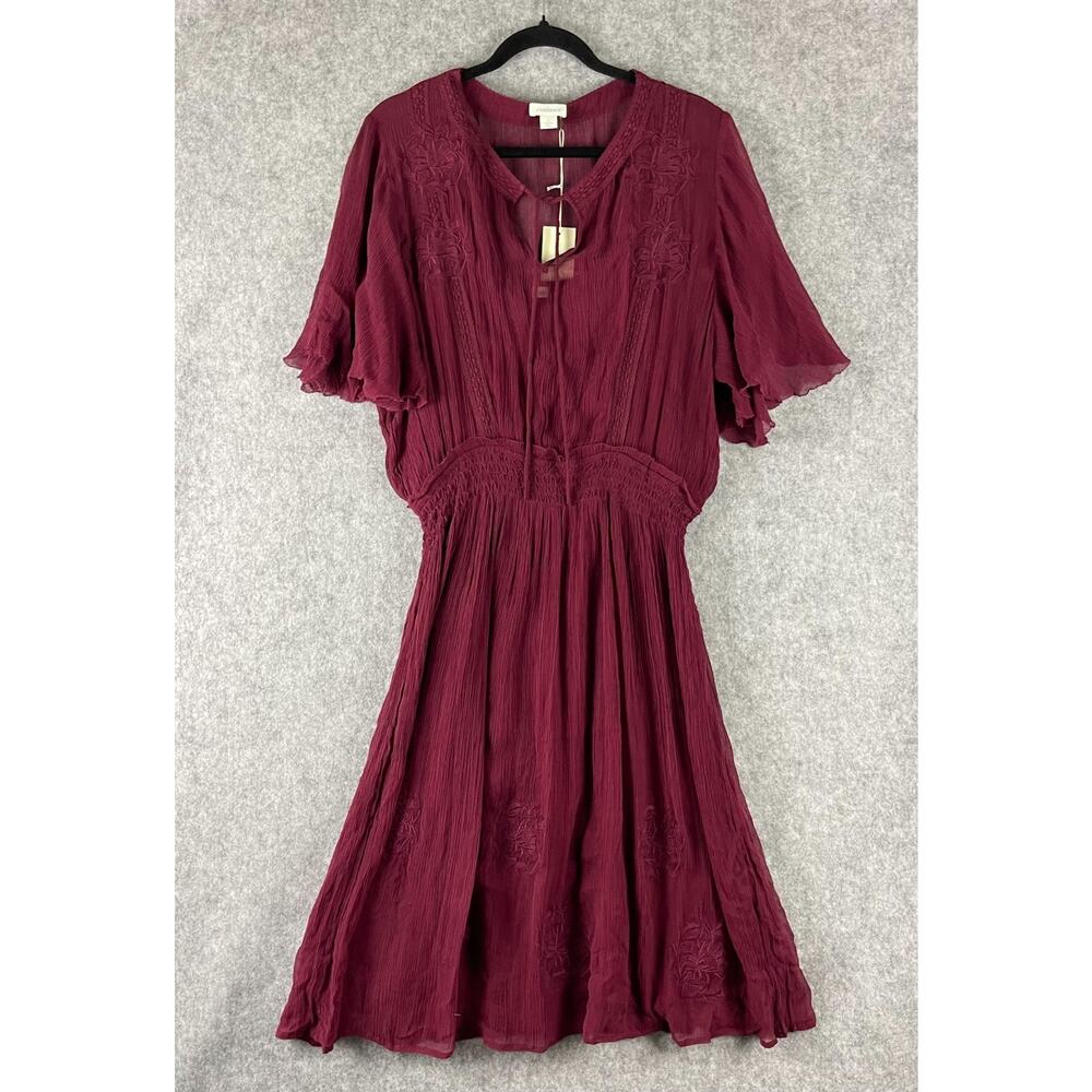 Sundance Embroidered Dress Women Large Burgundy Floral Smocked Crinkle Sheer NEW